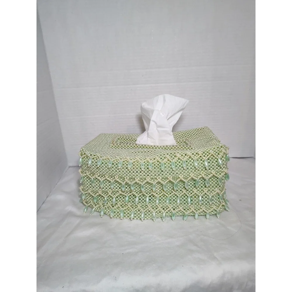 Handmade Green & White Beaded Tissue Box Cover 9.5